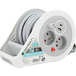 Mini enrouleur H05VV-F 3G1 3 prise de 16A + USB 7m gris