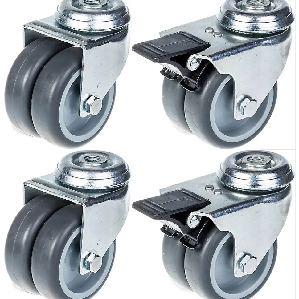 75mm 3" roulette double caoutchouc gris pivotante et frein capacité 400kg, jeu de 4