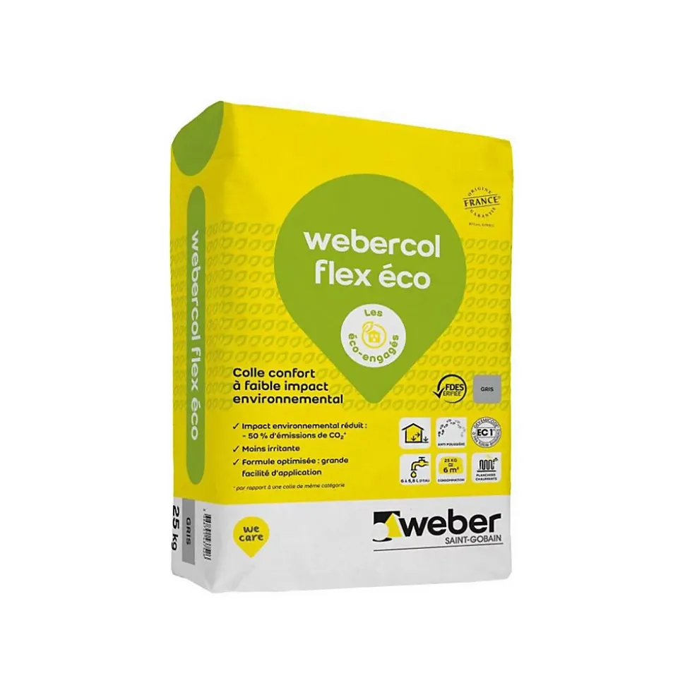 Mortier - colle déformable pour carrelage (C2 et S1) WEBERCOL FLEX ECO - Sac de 25 Kg - BLANC