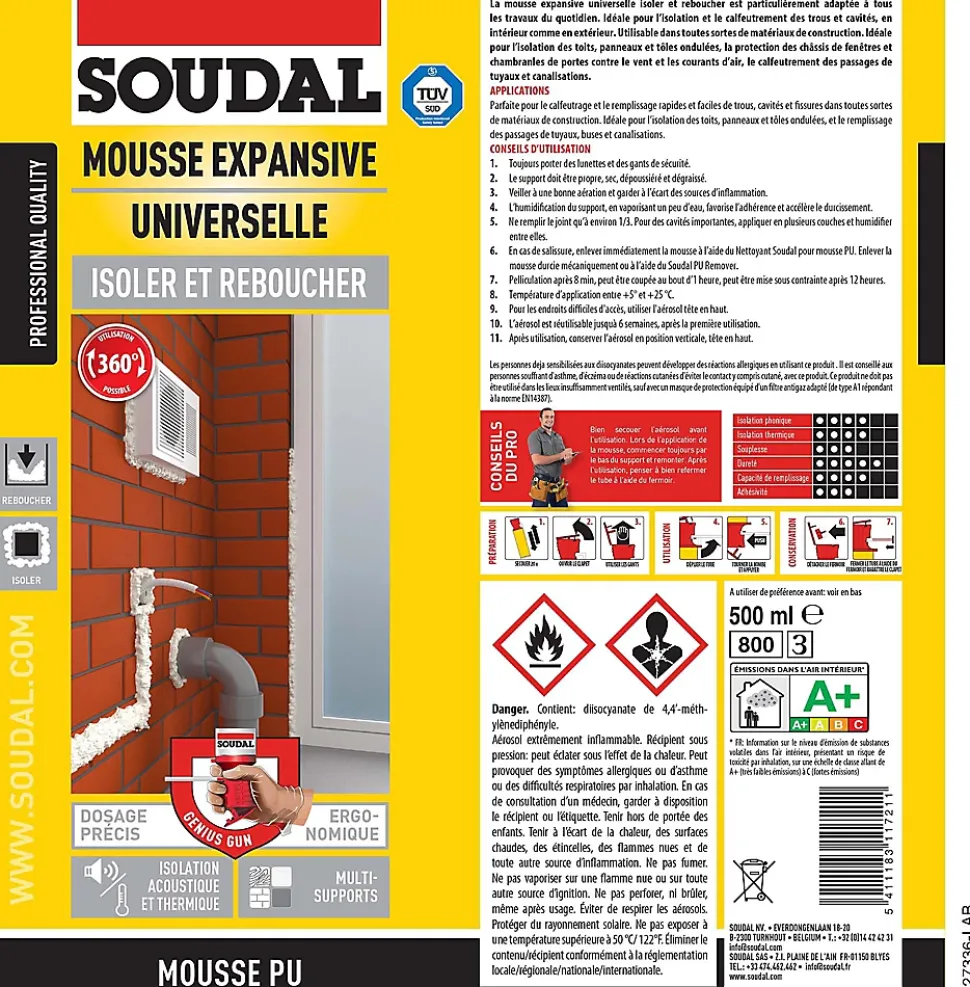 Mousse expansive Soudal Isoler et reboucher 360 500ml