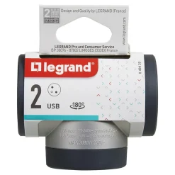 Multiprise 2 prises + 1 x USB-A + 1 x USB-C rotative Legrand aluminium et gris
