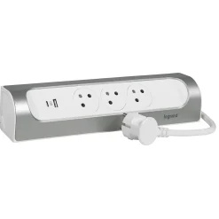 Multiprise 3 prises + 1 x USB-A + 1 x USB-C Legrand blanc et aluminium 1 m