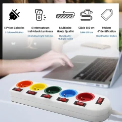 Multiprise 5 Prises FISHTEC Interrupteurs Câble 150 cm Stickers Couleurs