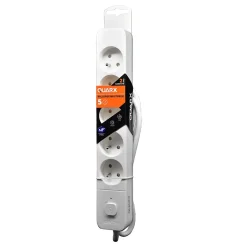 Multiprise avec interrupteur 5 prises 2 pôles + terre Quarx blanc / gris 1.5 m