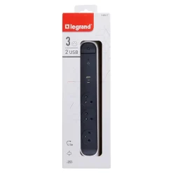 Multiprise parafoudre 3 prises + + 2 chargeurs USB-A et C Legrand blanc et gris 1.5 m