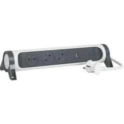 Multiprise parafoudre 3 prises + + 2 chargeurs USB-A et C Legrand blanc et gris 1.5 m