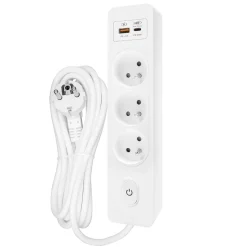 Multiprise SELDUR G3FH12B, 3 prises type E + interrupteur, USB A+C charge rapide 20W, Blanc, câble 1.5m