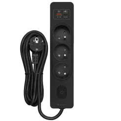 Multiprise SELDUR G3FH32S, 3 prises type E + interrupteur, USB A+C charge rapide 20W, Noir, câble 3m