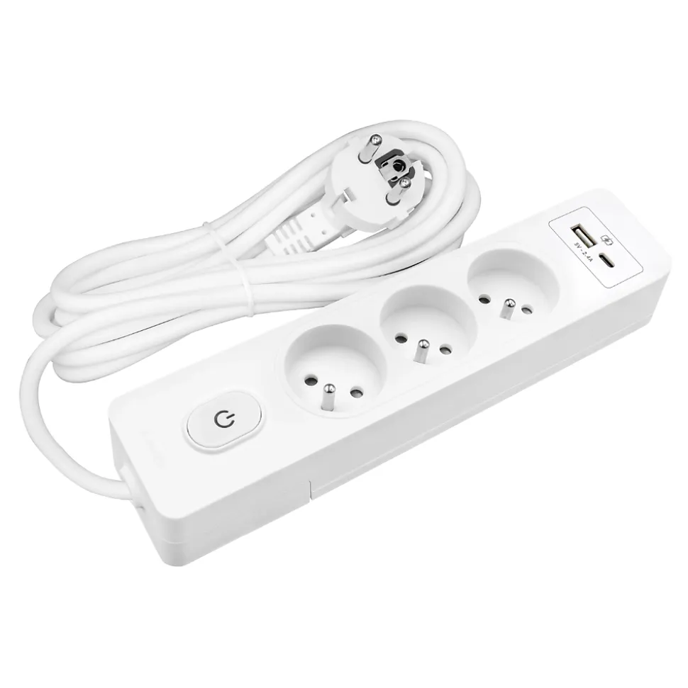 Multiprise SELDUR G3FU22B, 3 prises type E + interrupteur, USB A+C charge standard 12W, Blanc, câble 2m