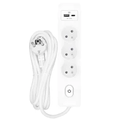 Multiprise SELDUR G3FU22B, 3 prises type E + interrupteur, USB A+C charge standard 12W, Blanc, câble 2m
