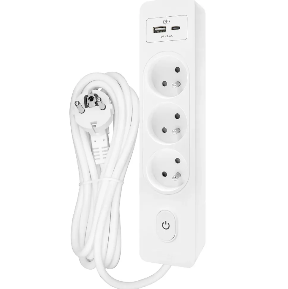 Multiprise SELDUR G3FU22B, 3 prises type E + interrupteur, USB A+C charge standard 12W, Blanc, câble 2m