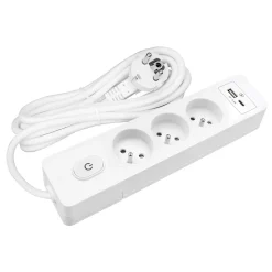 Multiprise SELDUR G3FU52B, 3 prises type E + interrupteur, USB A+C charge standard 12W, Blanc, câble 5m