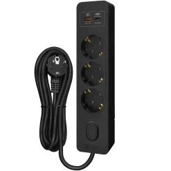 Multiprise SELDUR G3TH12S, 3 prises type F + interrupteur, USB A+C charge rapide 20W, Noir, câble 1.5m