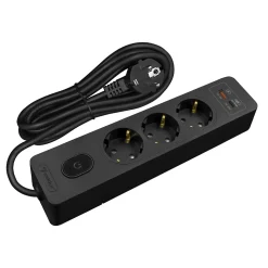 Multiprise SELDUR G3TH12S, 3 prises type F + interrupteur, USB A+C charge rapide 20W, Noir, câble 1.5m