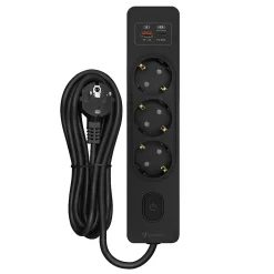 Multiprise SELDUR G3TH12S, 3 prises type F + interrupteur, USB A+C charge rapide 20W, Noir, câble 1.5m