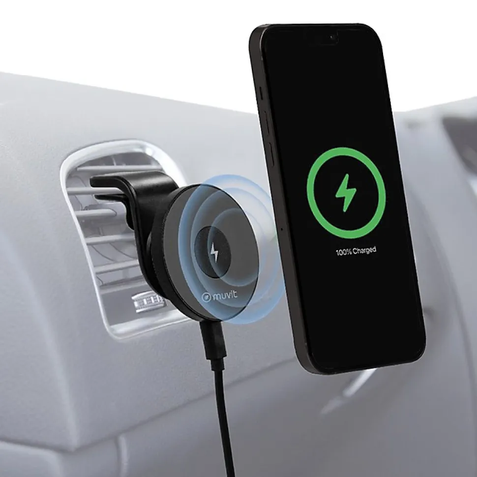 Muvit Support Voiture Magnétique Chargeur MagSafe 15W avec Câble USB-C Noir