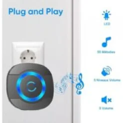 Noir Sonnette de Porte sans Fil 300M Étanche Carillon Electronique avec Récepteur Enfichable pour la Maison 55 Mélodies LED
