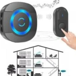 Noir Sonnette de Porte sans Fil 300M Étanche Carillon Electronique avec Récepteur Enfichable pour la Maison 55 Mélodies LED