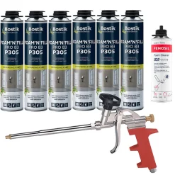 Pack 6 Mousses expansives PU pistolable P305 Foam'n'Fill 750ml BOSTIK + Nettoyant FoamCleaner 929 500ml + Pistolet manuel
