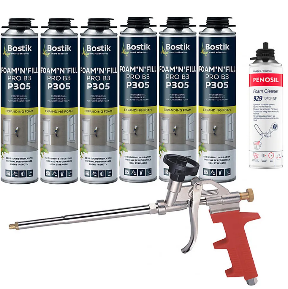Pack 6 Mousses expansives PU pistolable P305 Foam'n'Fill 750ml BOSTIK + Nettoyant FoamCleaner 929 500ml + Pistolet manuel