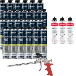 Pack 24 Mousses expansives PU pistolable P305 Foam'n'Fill 750ml BOSTIK + 3 Nettoyants FoamCleaner 929 500ml + Pistolet manuel