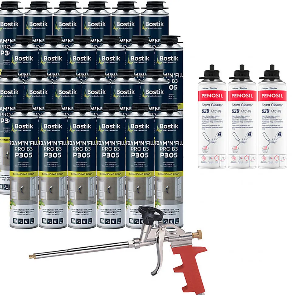 Pack 24 Mousses expansives PU pistolable P305 Foam'n'Fill 750ml BOSTIK + 3 Nettoyants FoamCleaner 929 500ml + Pistolet manuel