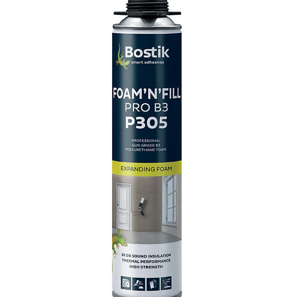 Pack 24 Mousses expansives PU pistolable P305 Foam'n'Fill 750ml BOSTIK + 12 Nettoyants mousse PU CL12 500ml + Pistolet manuel