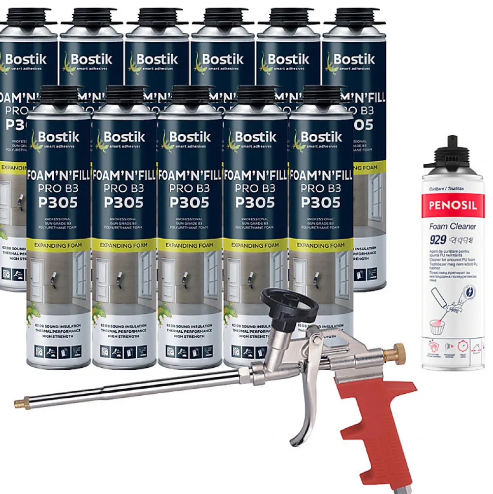 Pack 11 Mousses expansives PU pistolable P305 Foam'n'Fill 750ml BOSTIK + Nettoyant FoamCleaner 929 500ml + Pistolet manuel