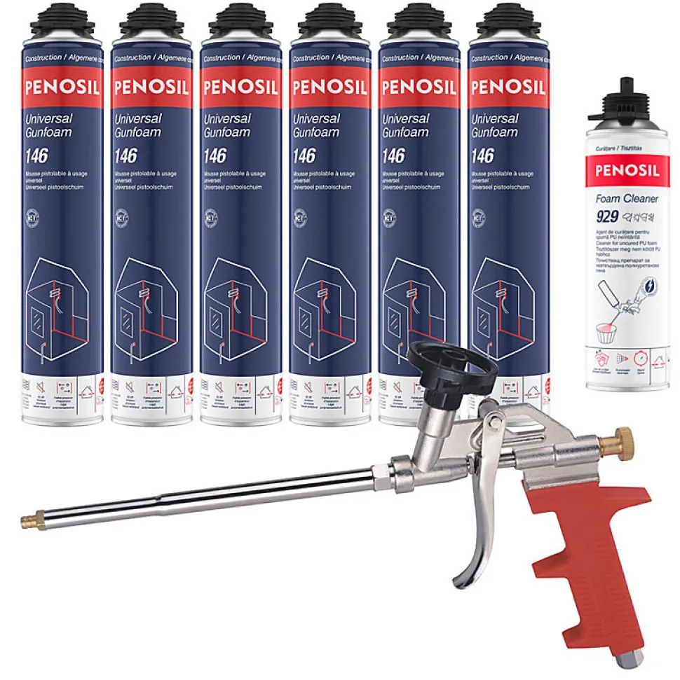 Pack 6 Mousses polyuréthanes Universal Gunfoam 146 pistolable 690ml PENOSIL + Nettoyant FoamCleaner 929 500ml + Pistolet manuel