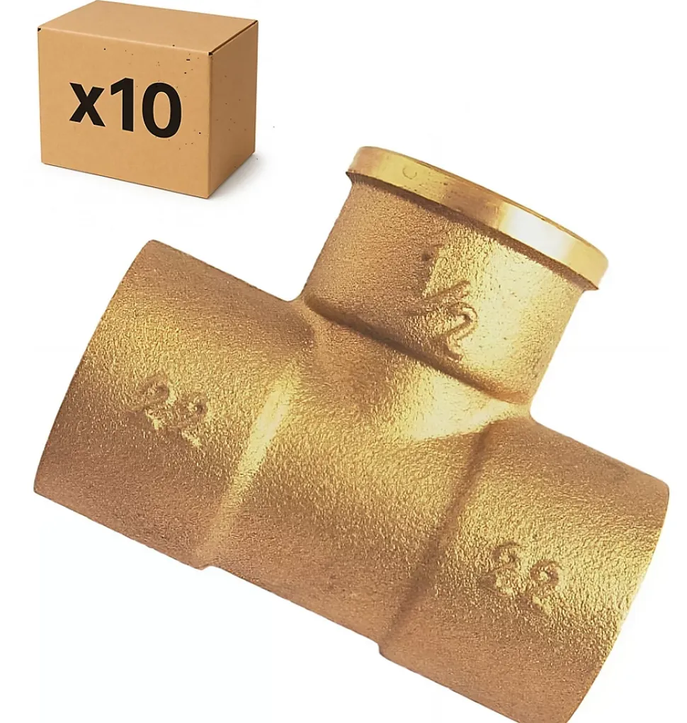 PACK de 10 Tés a souder laiton femelle installation plomberie chauffage diamètre 1/2" (15x21) pour tube cuivre diamètre 18