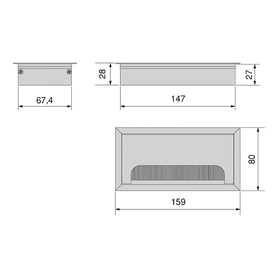 Passe-câbles de table Emuca Quadrum, rectangulaire, 159x80mm, à encastrer, Aluminium, Peint en blanc
