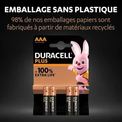 Pile alcaline AAA (LR03) Duracell Plus, lot de 4