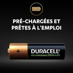 Pile rechargeable AA (LR6) Duracell 2500Mah, lot de 4