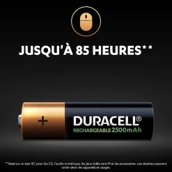 Pile rechargeable AA (LR6) Duracell 2500Mah, lot de 4
