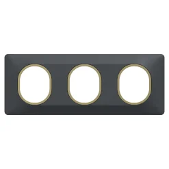 Plaque de finition 3 postes Schneider Electric Ovalis S340706E coloris anthracite avec liseré laiton l.229 x P.10 x H.87 mm