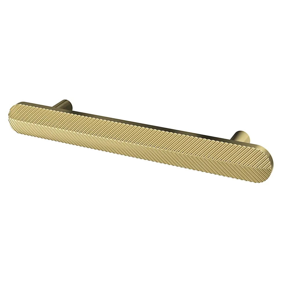 Poignée de meuble arrondi GoodHome Garlan aluminium effet laiton satin doré l.136mm x l.15mm x H. 27mm entraxe 96mm