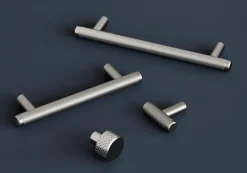 Poignée de meuble en T GoodHome Irus acier effet nickel satin gris l.168mm x l.12mm x H. 35mm entraxe 128mm