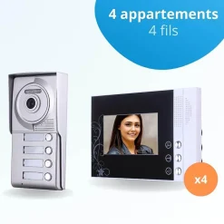 Portier interphone vidéo classic 4 fils - 4 appartements - 4 écrans noirs