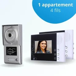 Portier interphone vidéo classic 4 fils - 1 appartement - 2 écrans noirs - avec lecteur de badge