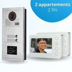 Portier interphone vidéo modern 2 fils - 2 appartements - 2 écrans blancs - avec lecteur de badge