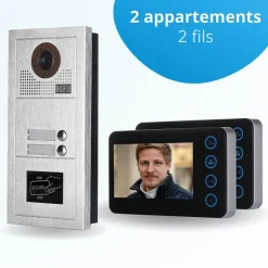 Portier interphone vidéo modern 2 fils - 2 appartements - 2 écrans noirs - avec lecteur de badge