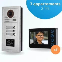 Portier interphone vidéo modern 2 fils - 3 appartements - 3 écrans noirs - avec lecteur de badge