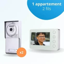 Portier interphone vidéo neo 2 fils pour 2 entrées - 1 appartement - 2 platines - 1 écran blanc