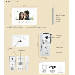 Portier Vidéo filaire connecté Wifi avec Ecran tactile 7p, 2 fils, Contrôle vocal