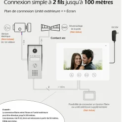 Portier Vidéo filaire connecté Wifi avec Ecran tactile 7p, 2 fils, Contrôle vocal