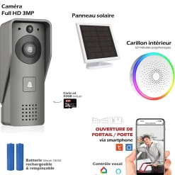 Portier Vidéo Solaire connecté Wifi avec Carillon intérieur 60 mélodies