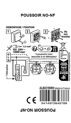 Poussoir simple Legrand ALB2310WH blanc montage en saillie 10A 230V