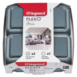 Prise 2 pôles + terre et 1 interrupteur Legrand Plexo gris vendue par 3 pièces