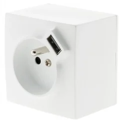 Prise en saillie 2P+T avec chargeur USB blanc