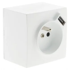Prise en saillie 2P+T avec chargeur USB blanc